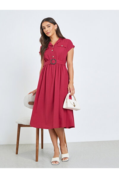 Styli Red Belted Cotton Midi Dress