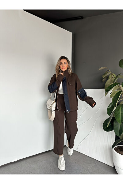 Zerrincan Giyim Kahve Likralı Fitilli Kot Parçalı Takım