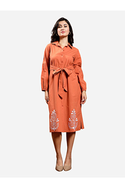 Athena By Styli فستان ميدي برتقالي مطرّز برباط عند الخصر