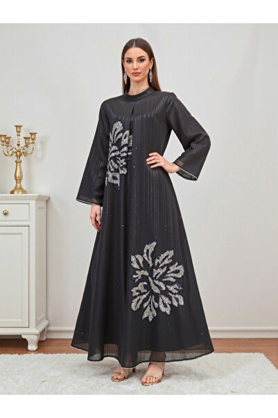 Take Two By Styli Black Textured Embellished A-Line Jalabiya