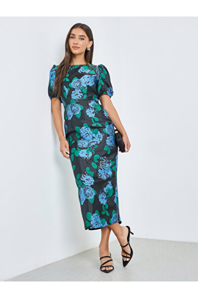 Styli Green Jacquard Puff Sleeve Sheath Midi Dress