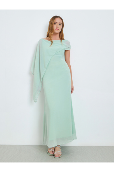 Take Two By Styli Turquoise One Cape Sleeve Maxi Dress