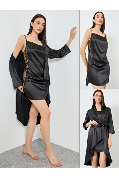 Take Two By Styli Black Side Lace Mesh Detail Slip and Robe Set