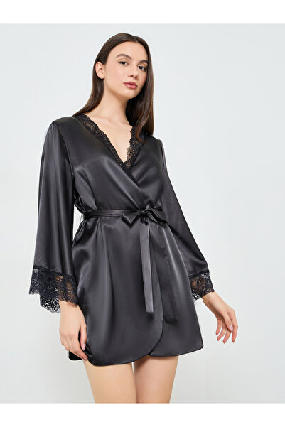 Take Two By Styli Black Lace Trim Robe