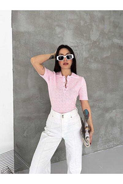 LE CARAMBOLE Women's Pink Buttoned Woven Detailed Short Sleeve Knitwear Blouse