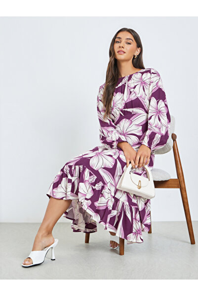 Styli Purple Floral Midi Dress with Long Sleeves