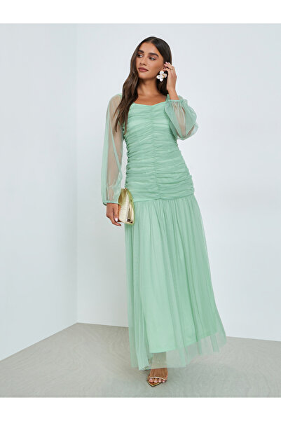 Styli Green Mesh Gathered Long Sleeves Maxi Dress