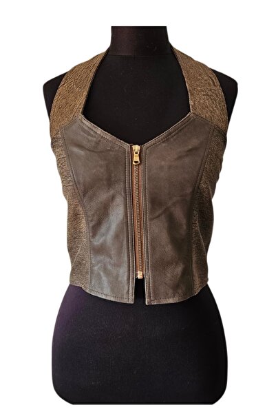 asus deri Melina - Genuine Leather Women's Bustier - Brown - Stone Washed