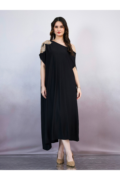 Athena By Styli Black Embroidered One-Shoulder Midi Dress