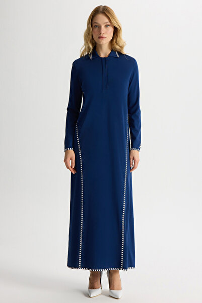 MISS DALIDA Tiktak Detaylı Gömlek Yaka Triko Elbise Navy