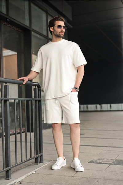 Madmext Ecru Crew Neck Oversized Men's Shorts T-Shirt Set E7355