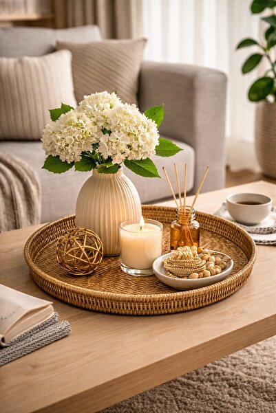 TOYFEST Natural Wicker Look Plastic Rattan Tray Round Decorative Serving Tray...