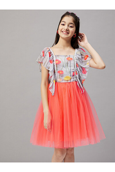 Stylo Bug By Styli Girls Orange Floral Print Mesh Insert Dress