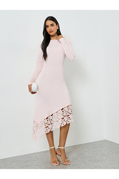 Take Two By Styli Light Pink Lace Hem Midi Dress