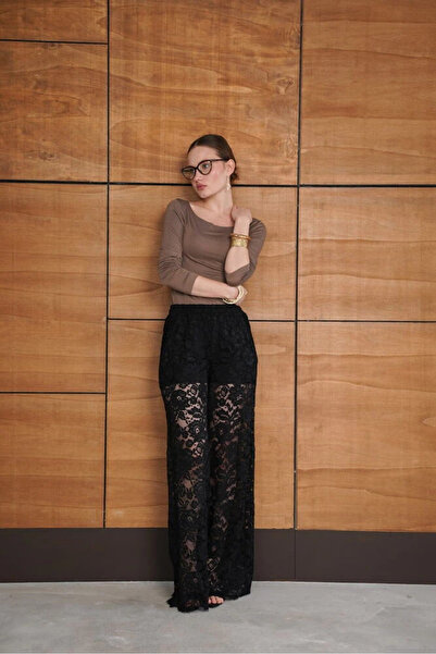 cemo Kadın Dantel Desenli Yüksek Bel Geniş Paça Pantolon