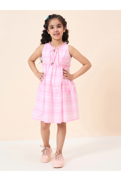 Stylo Bug By Styli Girls Pink Checkered Sleeveless Dress
