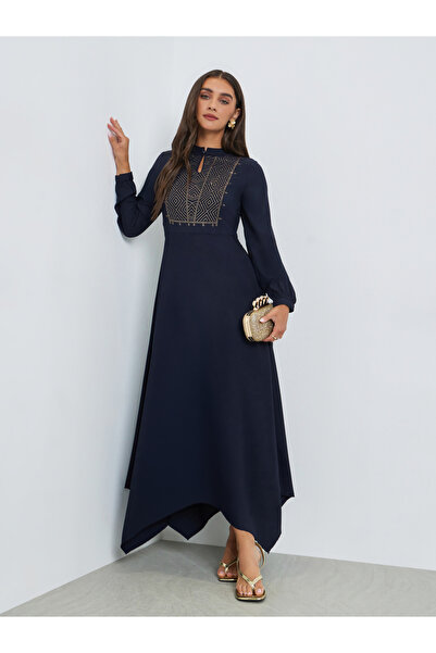 Styli Navy Blue Embellished Asymmetrical Hem Maxi Dress