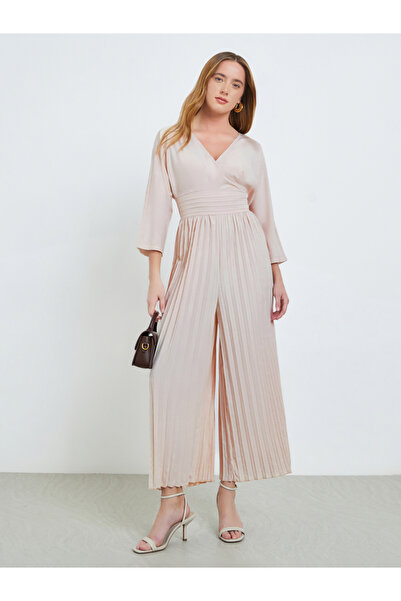 Take Two By Styli Beige Wide Leg Pleated Jumpsuit
