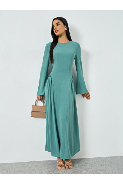 Take Two By Styli Green Solid Maxi Dress with Bell Sleeves