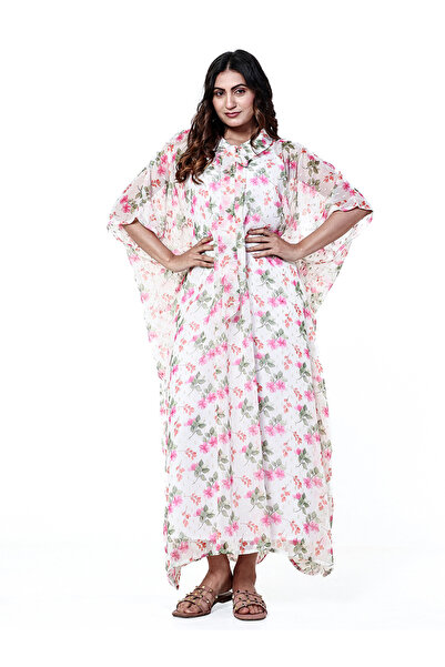 The Kaftan Company By Styli White Floral Chiffon Bow Tie Kaftan Nightdress wi...