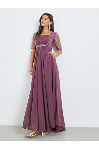 Styli Purple Sequined Maxi Dress with Fold Pleats