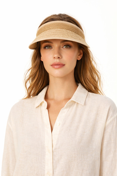 HatClub Exclusive Pălărie de damă bej din paie cu vizor, model coroană protec...