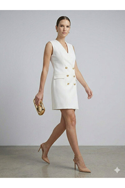 Ekol Önü Süs Düğmeli Elbise 6110