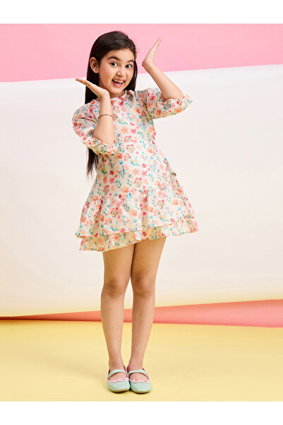 Stylo Bug By Styli Girls Cream Floral Print Mini Dress