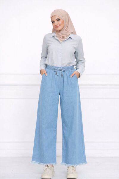 HİRA LİFE FASHİON Women's Blue Summer Pants with Tasseled Cuffs and Front Lac...