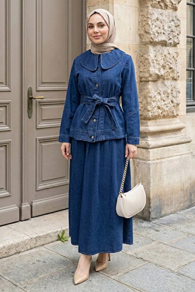 InStyle Peter Pan collar Blue Denim Suit with Skirt