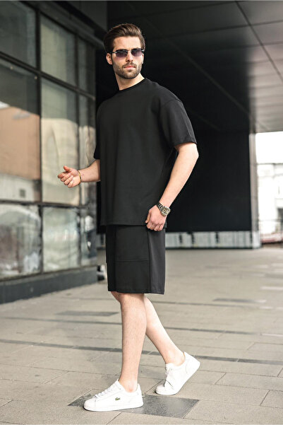 Madmext Black Crew Neck Oversized Men's Shorts T-Shirt Set E7355