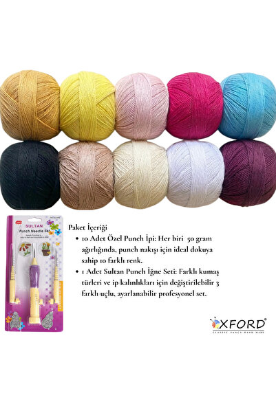Oxford İplik Punch Seti - 10 Farklı Renk Punch İpi ve Profesyonel Punch İğne ...