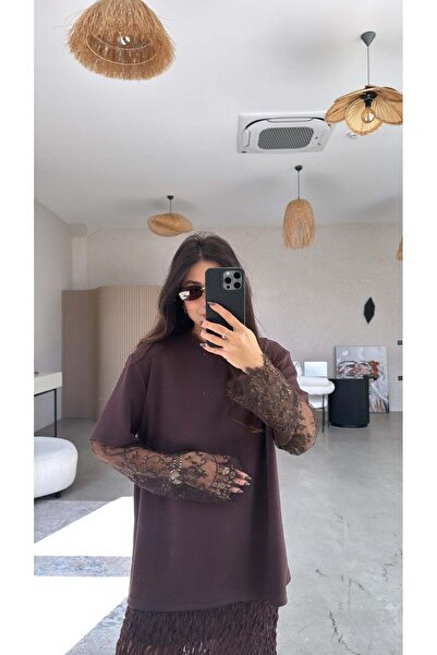 Buket Teke Καφέ μπλουζάκια με μανίκια, σετ Δαντέλα τεμαχίων Μοντάλ