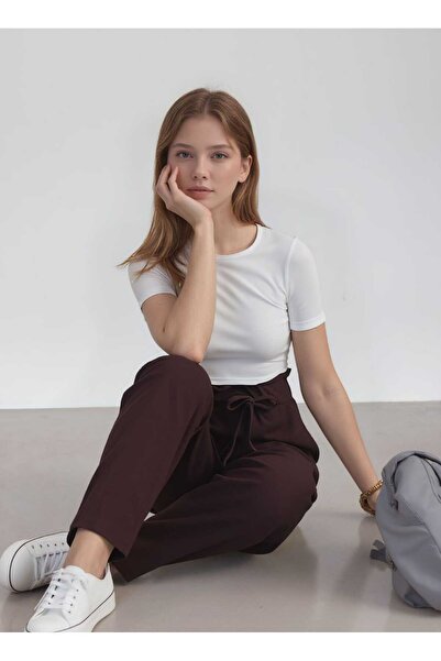 DEVRİMAY TEKSTİL Elastic Waist High Waist Carrot Cut Stretchy Crepe Trousers