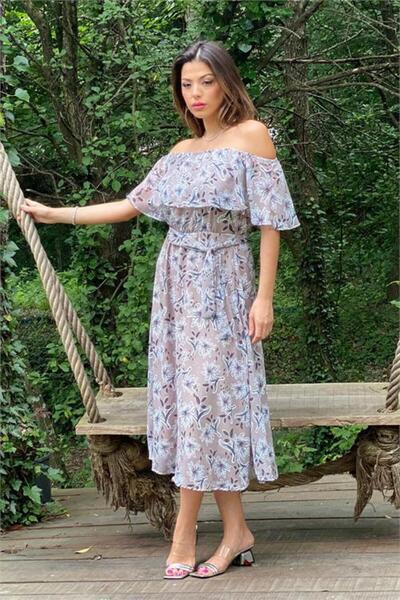 Dipmoda Ženska bež haljina od šifona sa pojasom, model Madonna Cvetni dezen D...