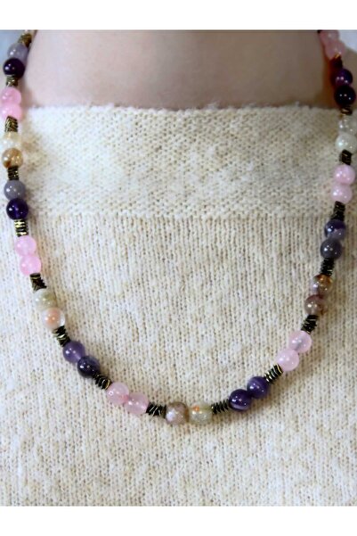 esha Doğal Taş Ametist Sitrin Pembe Kuvars Hematit Doğal Taşlı Kadın Kolye eu...