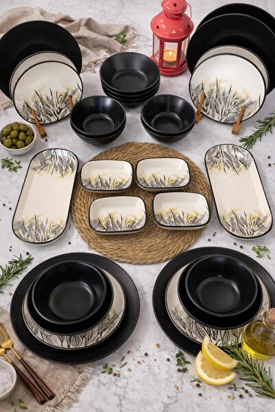 Keramika Mat Siyah Başak Yemek Takımı 30 Parça 6 Kişilik