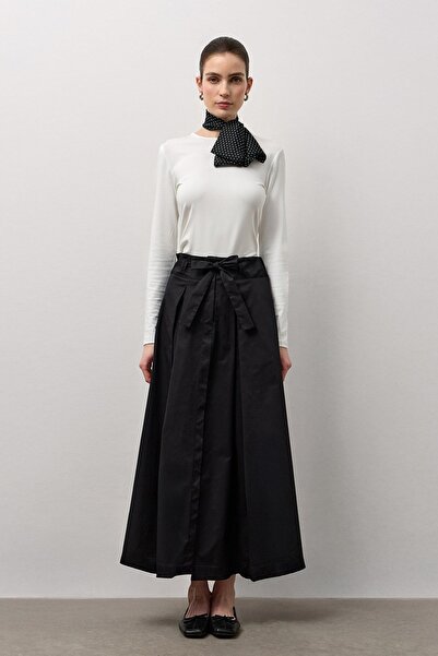 Molene Siyah Belden Bağlamalı Pile Detaylı Kloş Etek