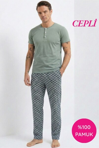 seamlife Men's Patterned 3-Button Crew Neck 100% Cotton Combed Cotton Short S...