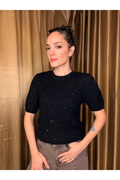 Ali Butik Siyah Pullu Simli Kısa Kol Triko