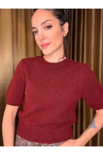 Ali Butik Bordo Pullu Simli Kısa Kol Triko