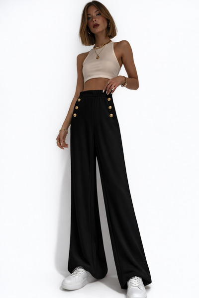 ribana Women's New Season Button Detailed Crepe Fabric Wide-Leg Trousers 4652