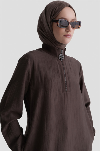 Armine Fermuarlu Uzun Tunik Kahverengi