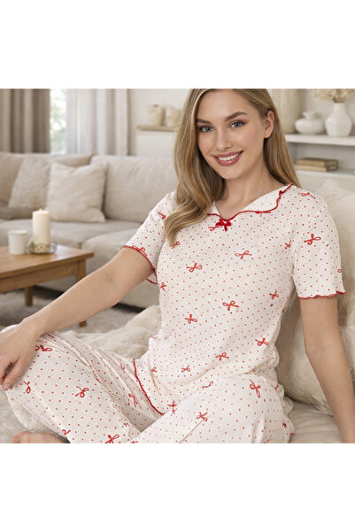 FORVENS Fiyonk Sa deznom Rebrasto Pamuk komadni set pidžama kratkih rukava