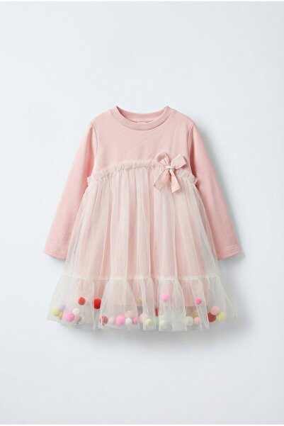 Magu فستان للفتيات من قطن قطع بأكمام طويلة وتفاصيل بوم بوم، متوفر بـ تول ألوان