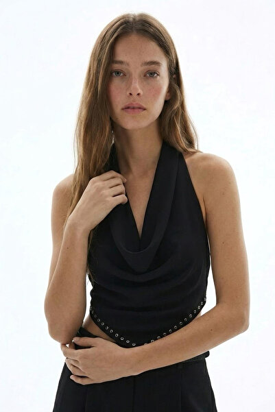Quzu Degaje Yaka Halter Neck Tie-Detail Cropped Blouse Black