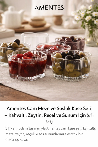 Saatistan Çiçek Desenli 6'lı Cam Reçellik ve Sosluk Seti, Kahvaltı Takımı