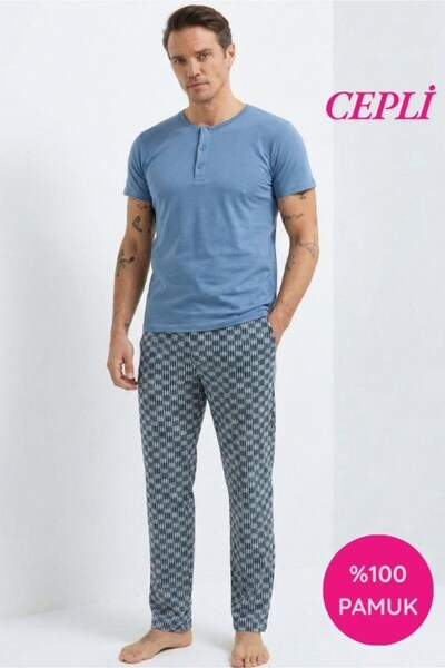 seamlife Men's Patterned 3-Button Crew Neck 100% Cotton Combed Cotton Short S...