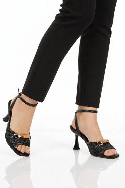 AYAKMOD حذاء نسائي أسود بحزام للكاحل وكعب طويل رفيع S صندل 655584 Z