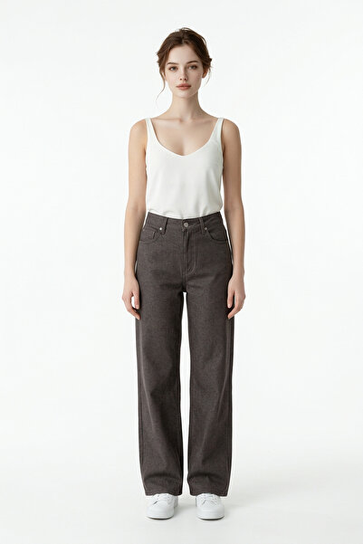 LEVURE Yüksek Bel Geniş Paça Pantolon KAHVE